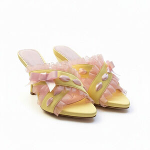 Sugar Thrillz Pastel Yellow Pink Ruffle Heels Strappy Kitten Heel Coquette Sz 7
